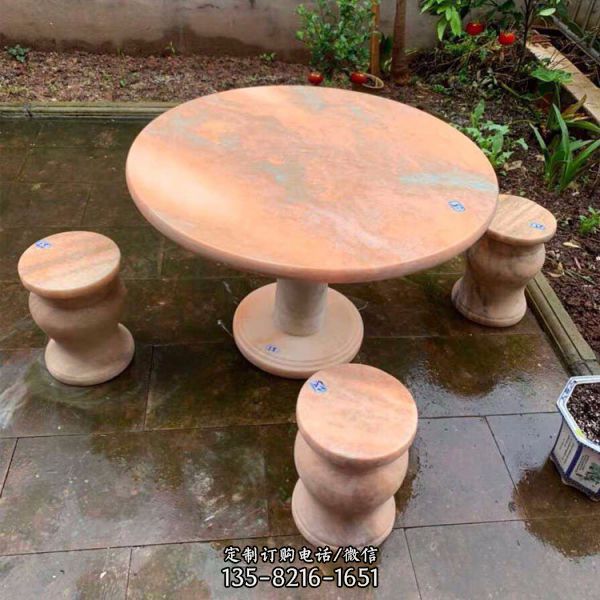 唯美家园：红石雕园林景观石桌石凳
