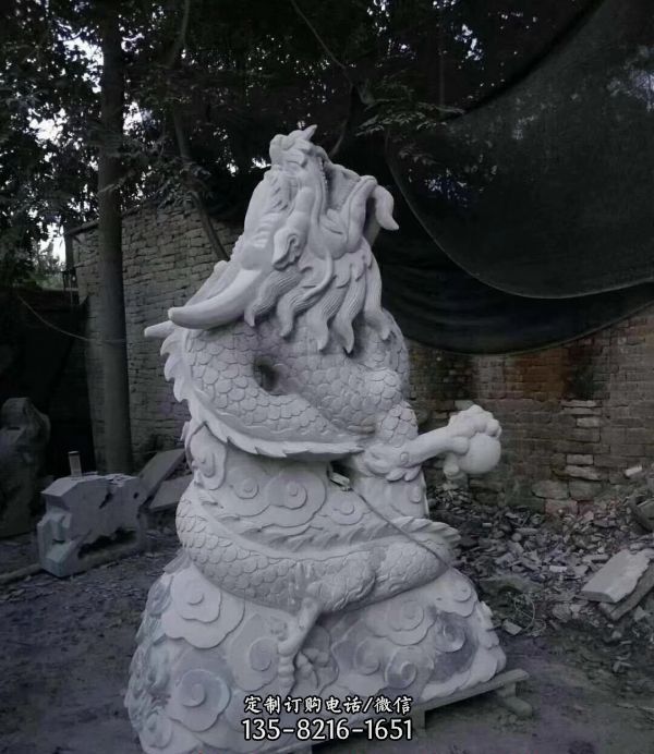 石雕汉白玉二龙戏珠雕塑户外园林卧龙雕刻大理石生肖动物雕塑摆件（1）