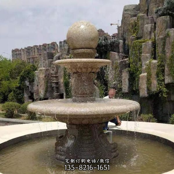 大型晚霞红石雕户外园林景观喷泉