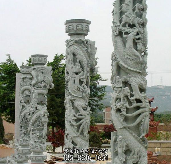 寺院祠堂门前装饰仿古青石龙柱雕塑（4）