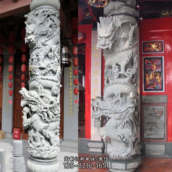 寺院祠堂门前装饰仿古青石龙柱雕塑（5）