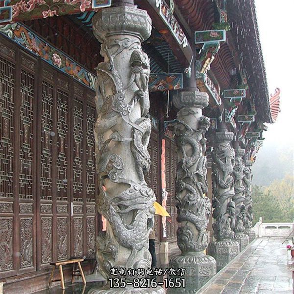 寺庙大型青石浮雕龙柱雕塑 