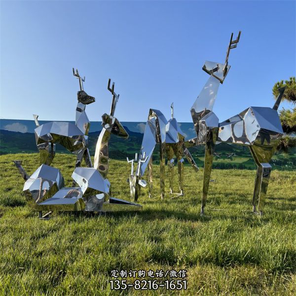 草坪广场水池可发光动物景观雕像 不锈钢抽象梅花鹿雕塑（1）