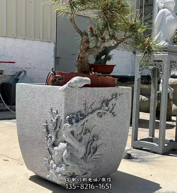 庭院浮雕方形大理石砂石园林花盆雕塑
