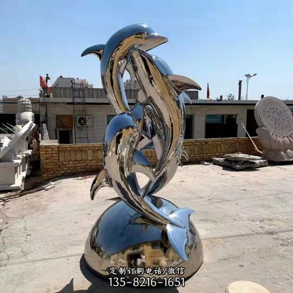 海洋馆户外水池不锈钢镜面海豚动物雕塑