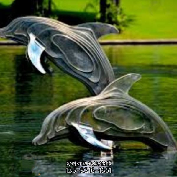 不锈钢抽象户外水景跳跃的海豚景观摆件