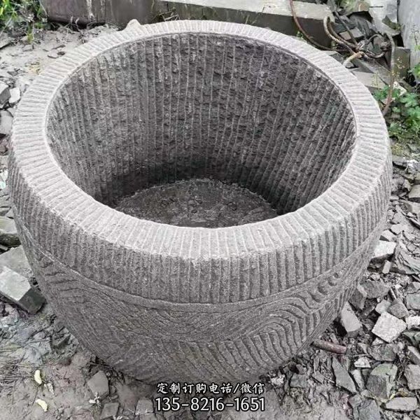 青石雕刻圆形老石槽庭院流养鱼水缸