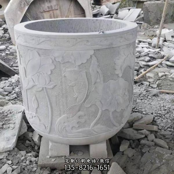 中式别墅摆放大理石灰浮雕荷花圆形花盆水缸