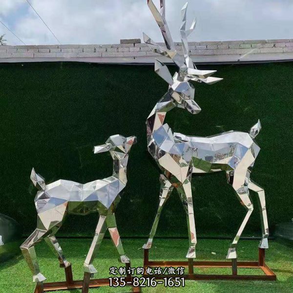 不锈钢镜面几何户外园林抽象动物雕塑梅花鹿雕塑