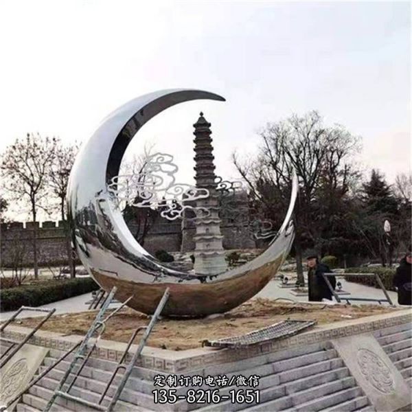 不锈钢镜面月亮雕塑 镂空灯光圆环蝴蝶公园摆件 央美定制（3）