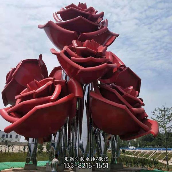 不锈钢彩绘户外大型花朵玫瑰雕塑