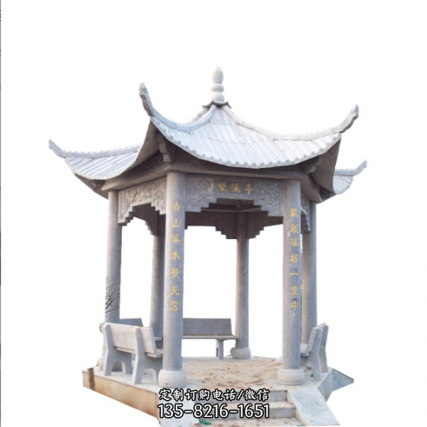公园青石仿古中式双层六角石雕亭子（5）