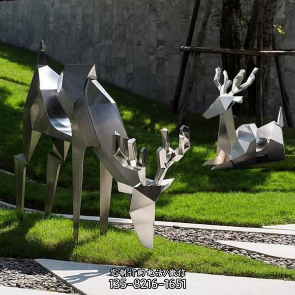 园林户外不锈钢抽象动物景观梅花鹿雕塑