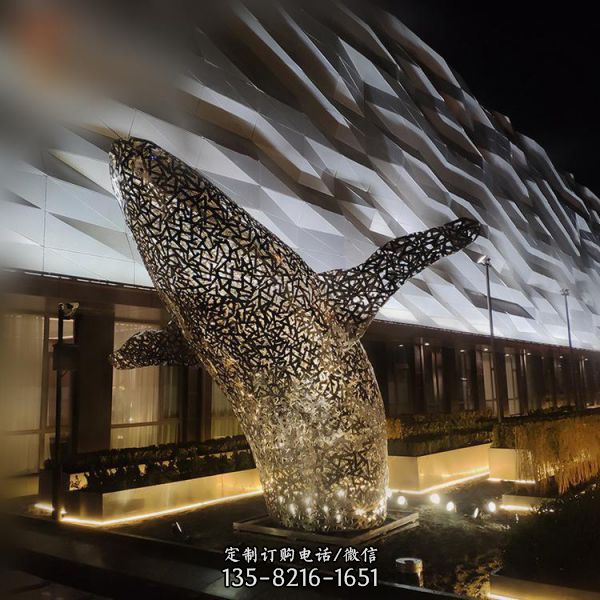 酒店不锈钢镂空鲸鱼大型灯光亮化水景观雕塑