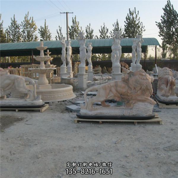 别墅企业晚霞红石雕园林景观大型狮子雕塑（4）