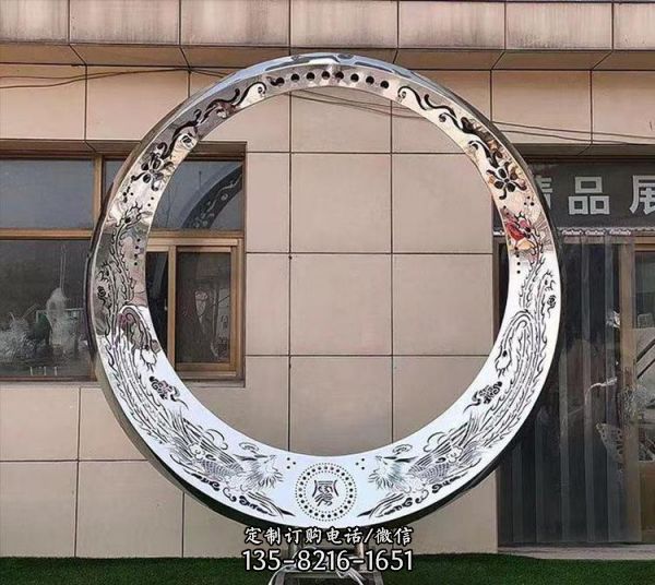 景区广场大型不锈钢镂空花纹发光圆环摆件雕塑（1）