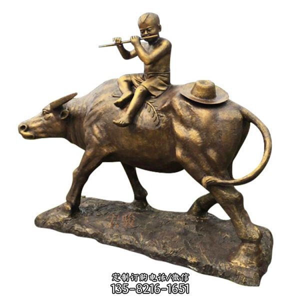 仿铜牛背上牧笛的儿童景观雕塑