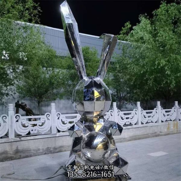 几何不锈钢兔子雕塑 镜面发光动物公园商场草坪摆件
