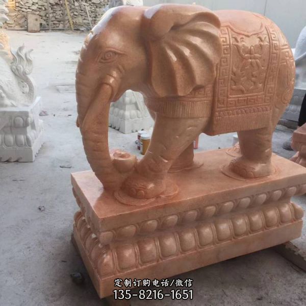 石头象一对 大理石晚霞红石雕大象镇宅神兽雕塑