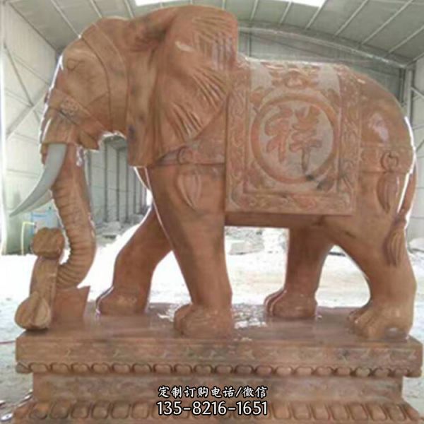 石头象一对 大理石晚霞红石雕大象镇宅神兽雕塑（4）