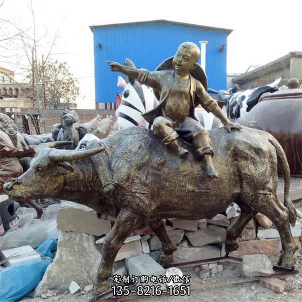 广场摆放传统民俗人物牧童骑牛玻璃钢雕塑（6）