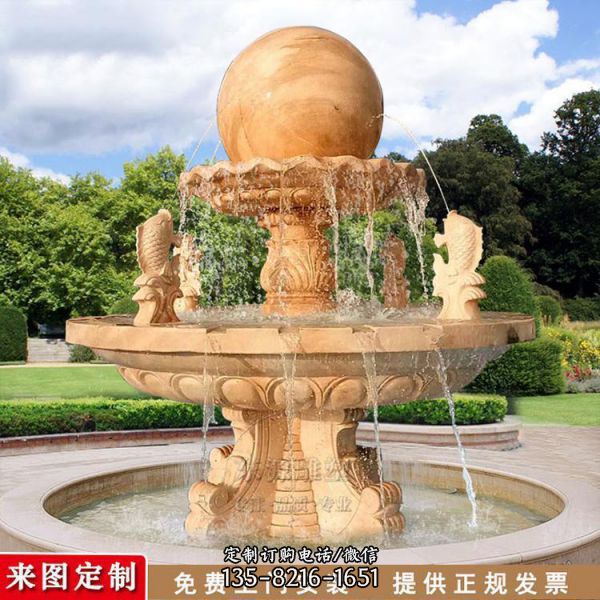 石雕汉白玉晚霞红双层喷泉 定制园林景观大理石风水球雕塑（2）