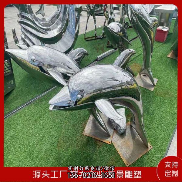 广场景区大型海洋动物不锈钢镜面海豚与鱼水景雕塑摆件 （5）