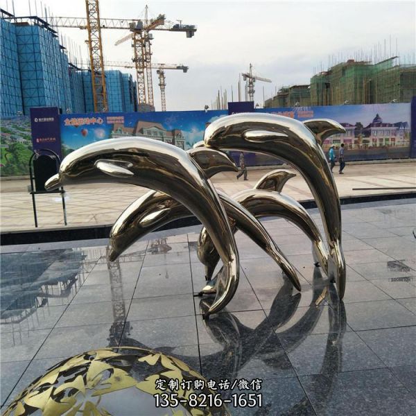 广场不锈钢镜面喷泉水景海豚雕塑