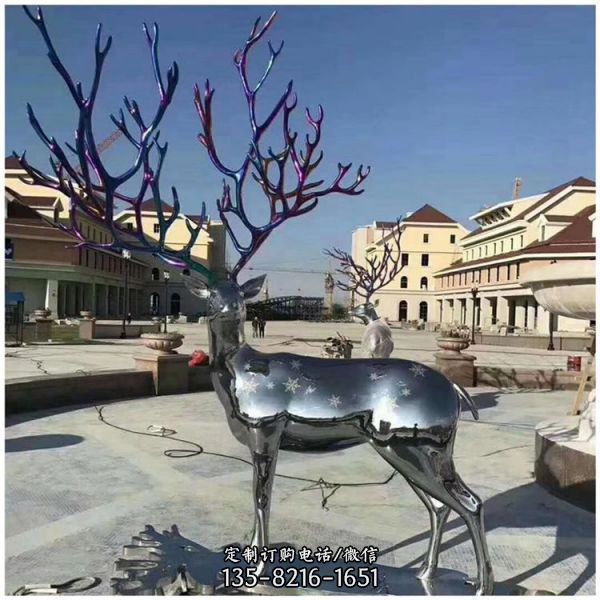 别墅酒店创意不锈钢镂空户外大型梅花鹿雕塑（3）