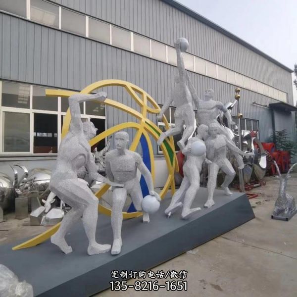 运动主题打篮球的不锈钢抽象人物雕塑