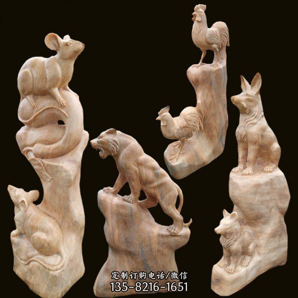 晚霞红石雕十二生肖 石头动物摆件 仿真动物模型雕塑