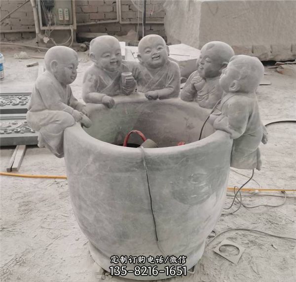 别墅庭院石雕荷花缸 石头鱼缸户外流水缸 石头5个小孩嬉闹装饰水缸花盆雕塑（3）