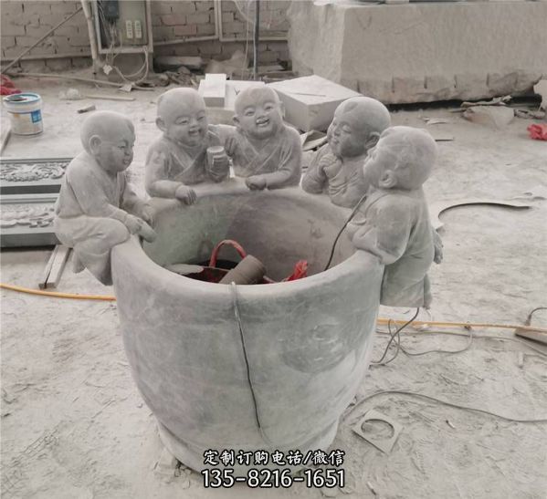 别墅庭院石雕荷花缸 石头鱼缸户外流水缸 石头5个小孩嬉闹装饰水缸花盆雕塑（2）