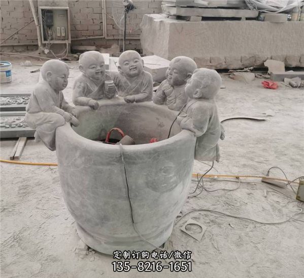 别墅庭院石雕荷花缸 石头鱼缸户外流水缸 石头5个小孩嬉闹装饰水缸花盆雕塑（5）