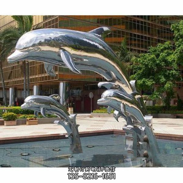 不锈钢镜面广场喷泉水景海豚雕塑