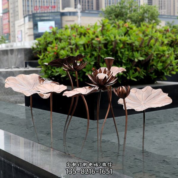 新中式不锈钢荷花水景雕塑别墅家居水池景观落地摆件（4）