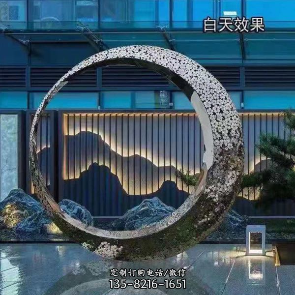 金属景观酒店水景 镜面镂空发光圆环 不锈钢圆环雕塑
