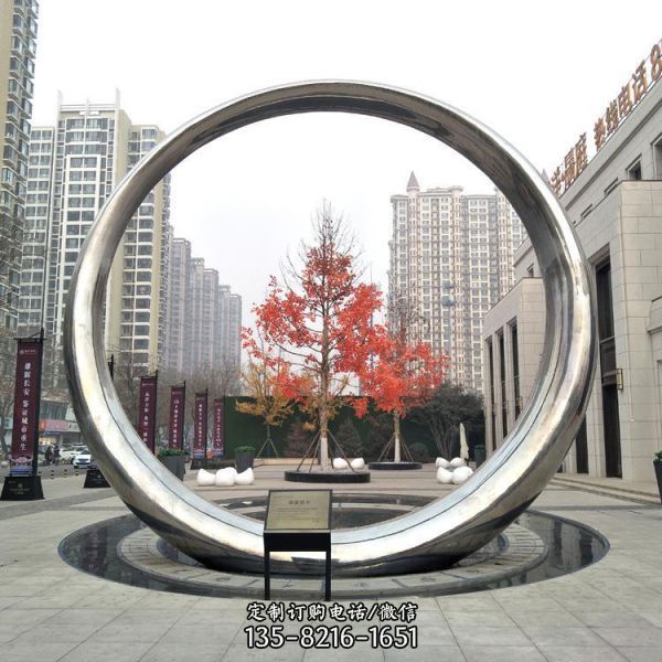 别墅广场摆放不锈钢创意圆环水景雕塑（4）