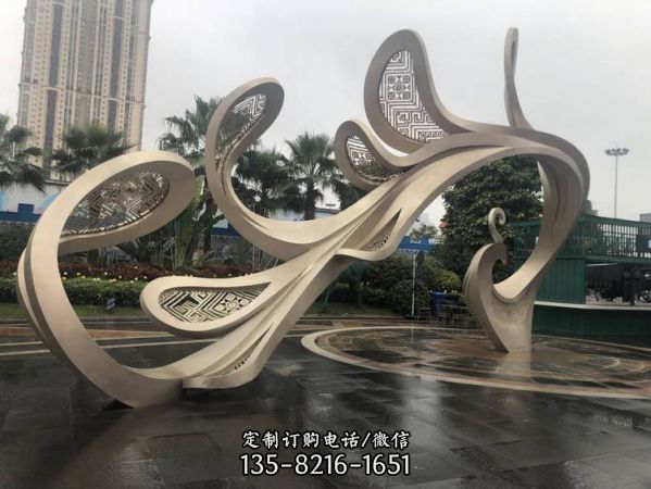 景区广场艺术不锈钢电镀玫瑰金大型抽象凤凰雕塑（4）