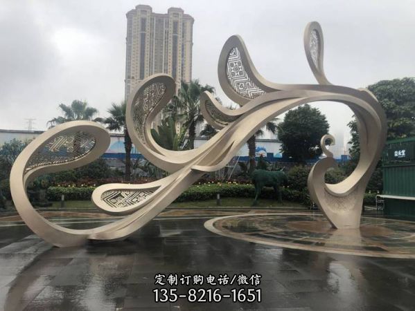 景区广场艺术不锈钢电镀玫瑰金大型抽象凤凰雕塑（1）