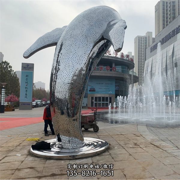大型不锈钢镜面海洋动物 跳跃的海豚雕塑（1）