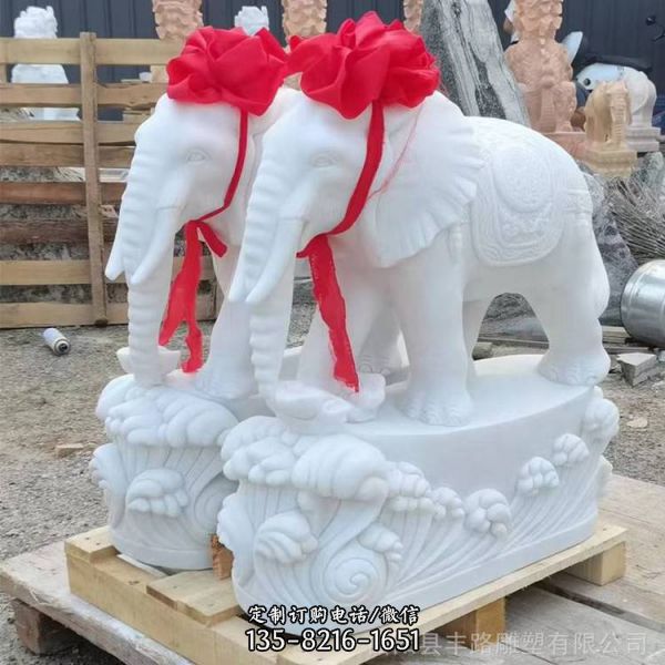 晚霞红汉白玉雕刻高100公分小象酒店摆件（4）