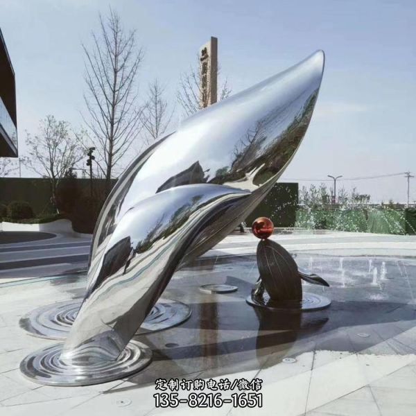 镜面户外水景摆件大型抽象海洋动物鲸鱼雕塑