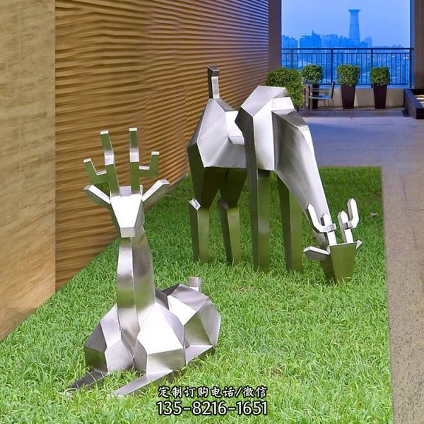 镜面不锈钢几何鹿 公园园林售楼部立式摆件动物雕塑（1）
