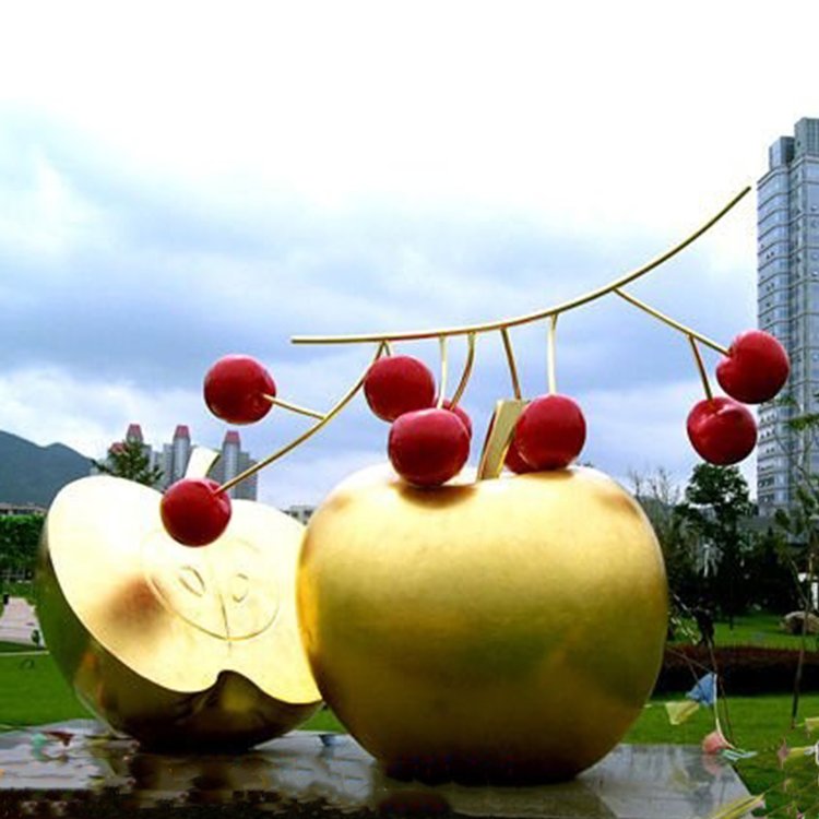 不锈钢镜面园林苹果雕塑 图片
