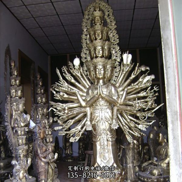 寺院摆放黄铜铸造千手观音铜佛像雕塑 莲花底座站像（3）