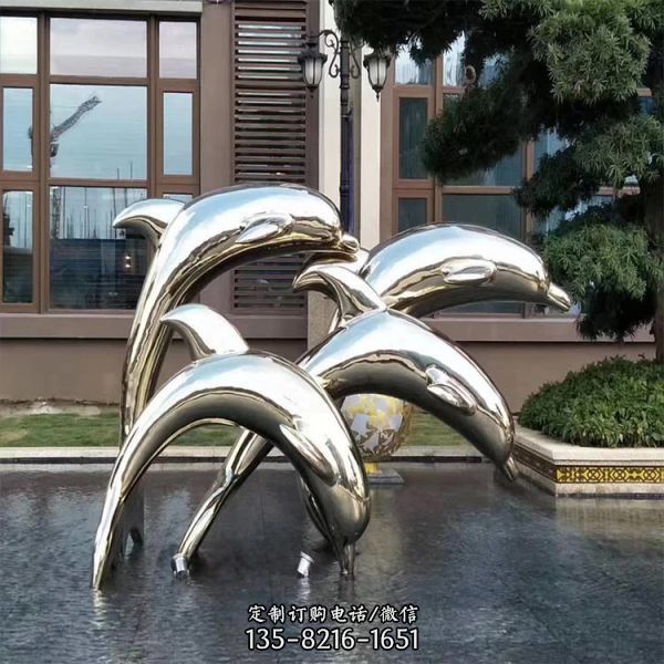 别墅会所水景不锈钢镜面跳跃的海豚雕塑