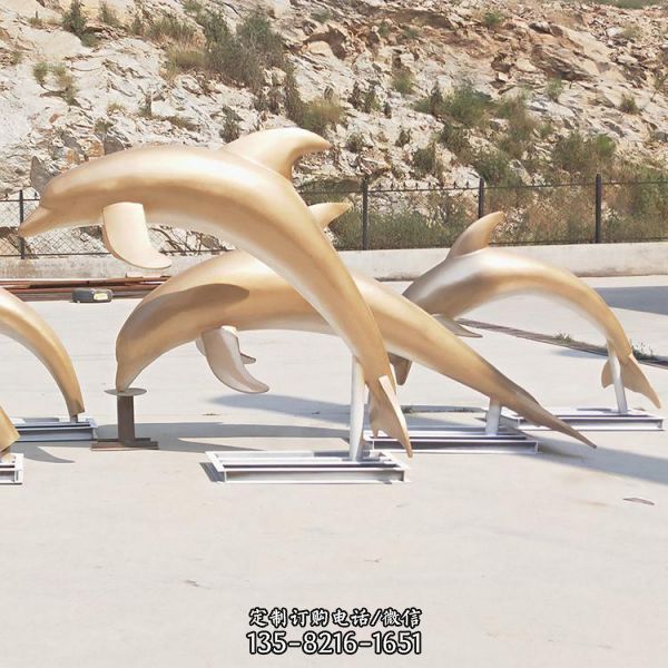 不锈钢金色海豚雕塑 景区抽象动物白钢景观摆件（3）