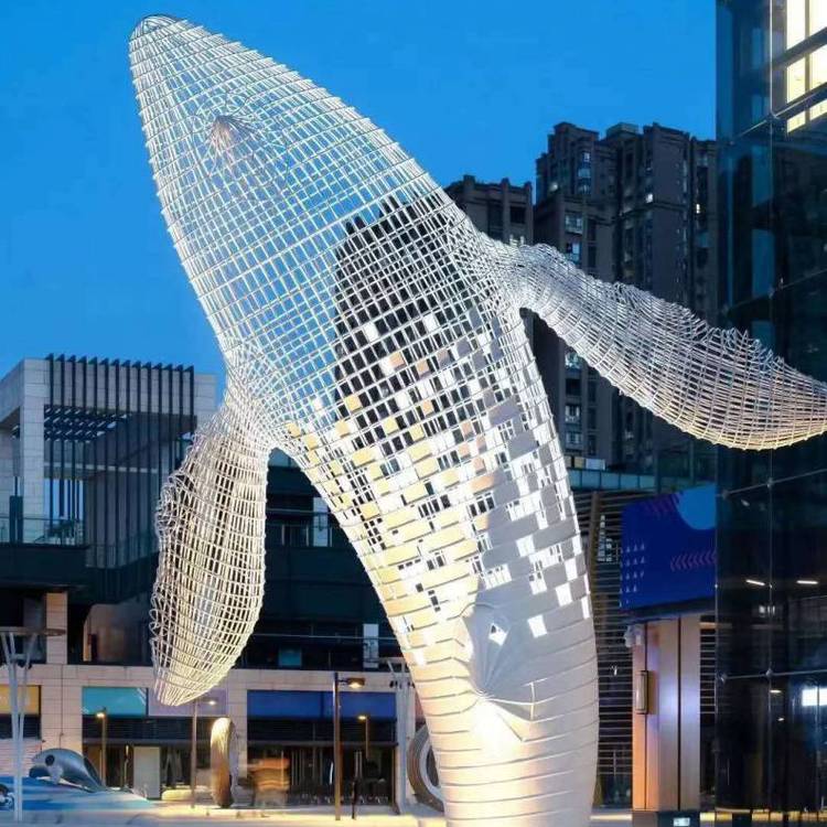 创意海豚不锈钢大型镜面刻字镂空雕塑图片