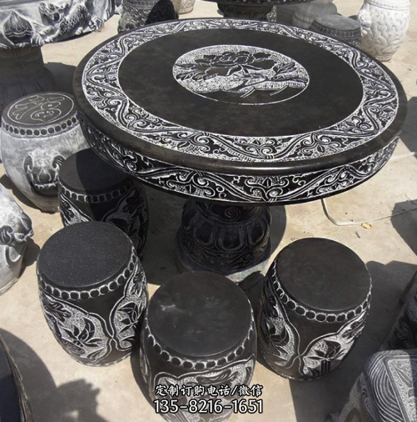 青石雕花桌凳，中式传统石雕圆桌凳